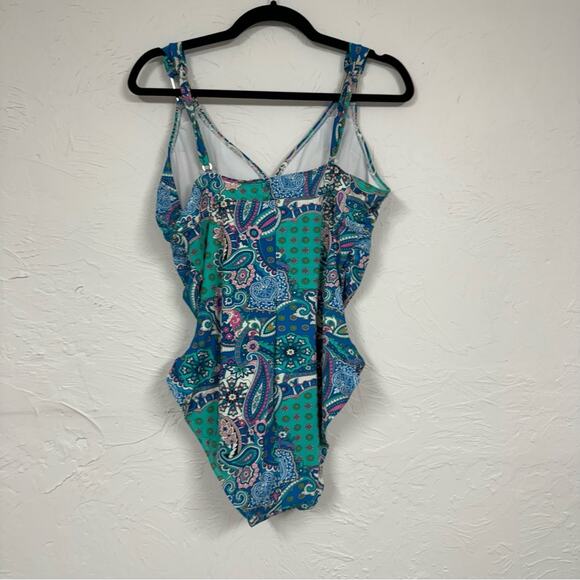 Spanx Assets Blue & Green Floral Paisley One Piece Swimsuit Womens XL Modest - Picture 10 of 13